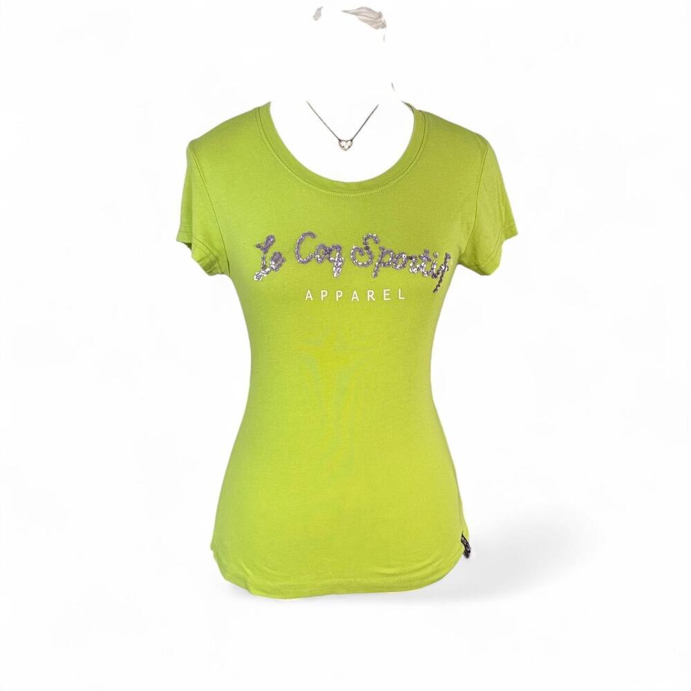 Y2K Le Coq Sportif green yellow baby tee t-shirt rhinestone sequin logo Size M